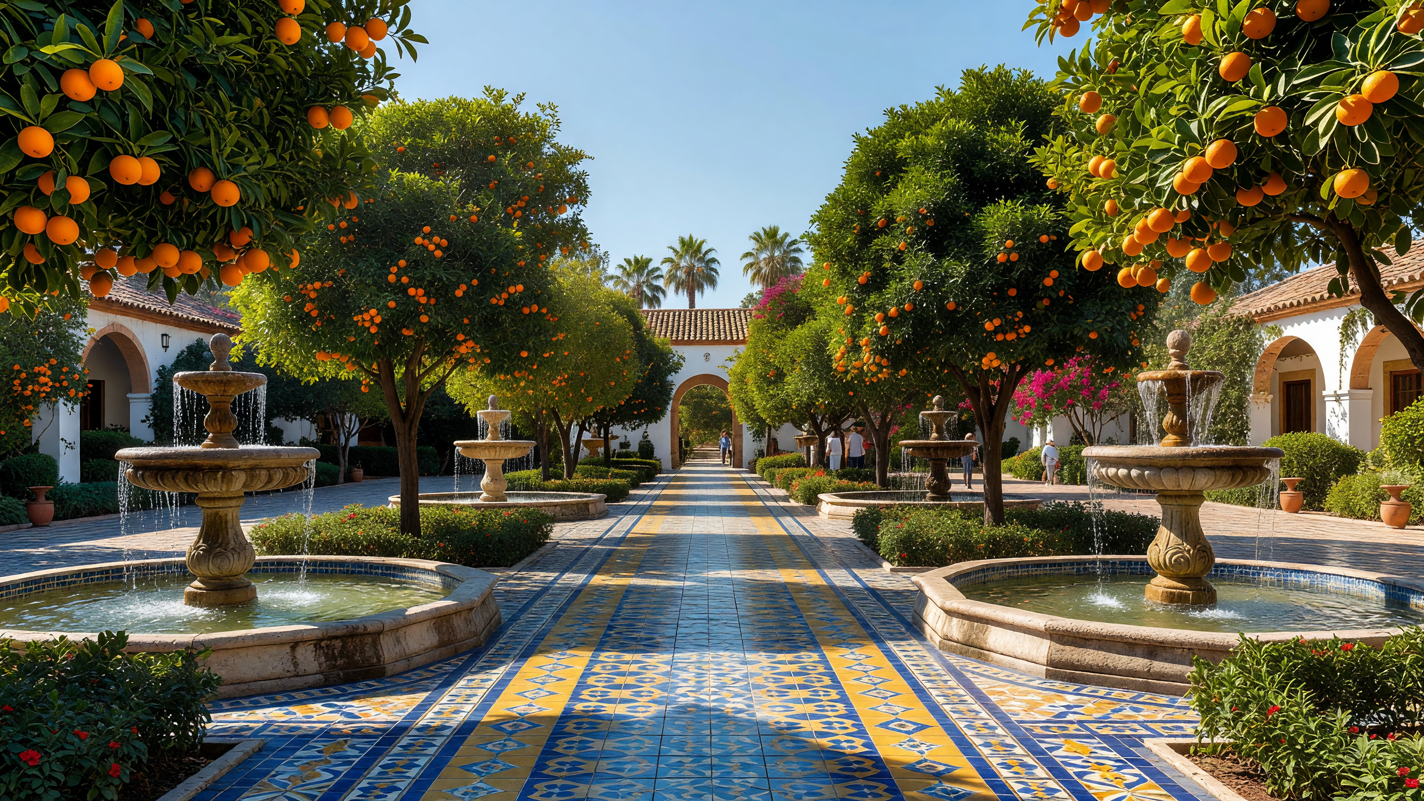 Jardines históricos con naranjos y fuentes en Valencia